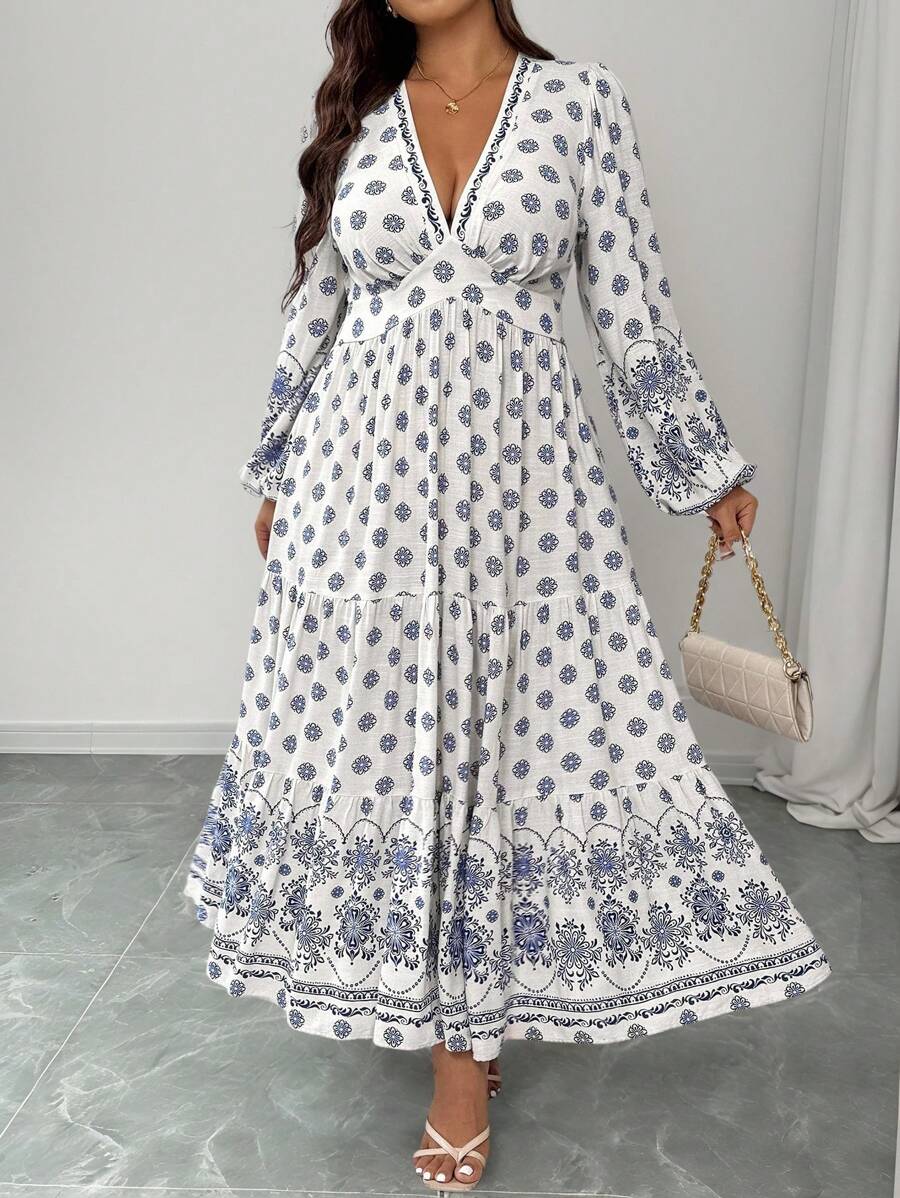 Elenzga Plus Size Women's Spring/Autumn Bohemian Floral Shirred A-Line Long Sleeve Maxi Dress, Elegant Casual Wear For Commute, Holiday, Afternoon Tea, Party - Multicolor - View 1