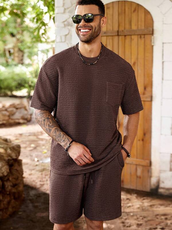 ResortEase 2pcs Plus Size Men Summer Solid Color Crew Neck Short Sleeve Pocket T-Shirt & Shorts Casual Set