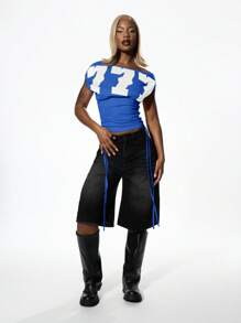 SUMWON WOMEN Off Shoulder Ruched Graphic Top With White Letters Summer Fall Festival Casual Streetwear Party Fashion