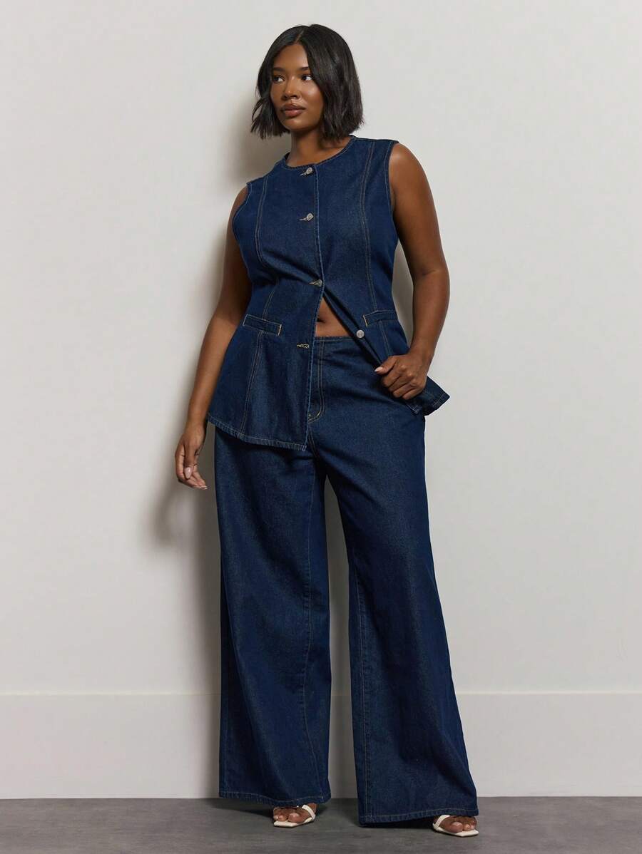MUSERA Jeans de talla grande de colección romántica, elegante y de vacaciones de verano, lavado oscuro y elegante - Azul lavado oscuro - Ver 1