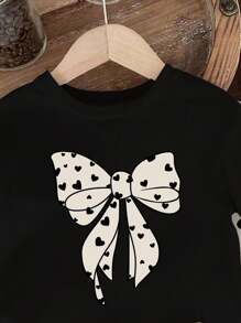 GraphicGems Baby Girls Polka Dot Bow Pattern Round Neck Short Sleeve Black T-Shirt And Heart Print Knitted Tight Shorts Set Baby Girl Outfit