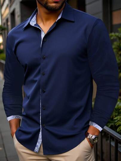 Manfinity Homme Men Plus Size Casual Front Button Long Sleeve Dress Shirt, Commuting Wear,Fall