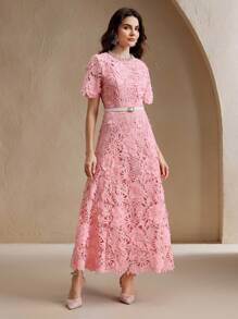 Anewsta Nuevos Llegados Vestido elegante entallado con cinturón, cuello redondo, manga corta, decoración de diamante rosa, encaje 3D floral de lujo - Rosa - Ver 4
