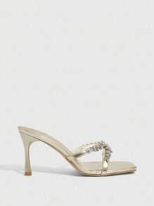 CUCCOO SZL 女款多條帶水鑽高跟涼鞋，方頭細高跟，淺金色PU金屬材質，性感風格，聖誕春季舞會夏季高跟鞋 - 金色 - 查看 4