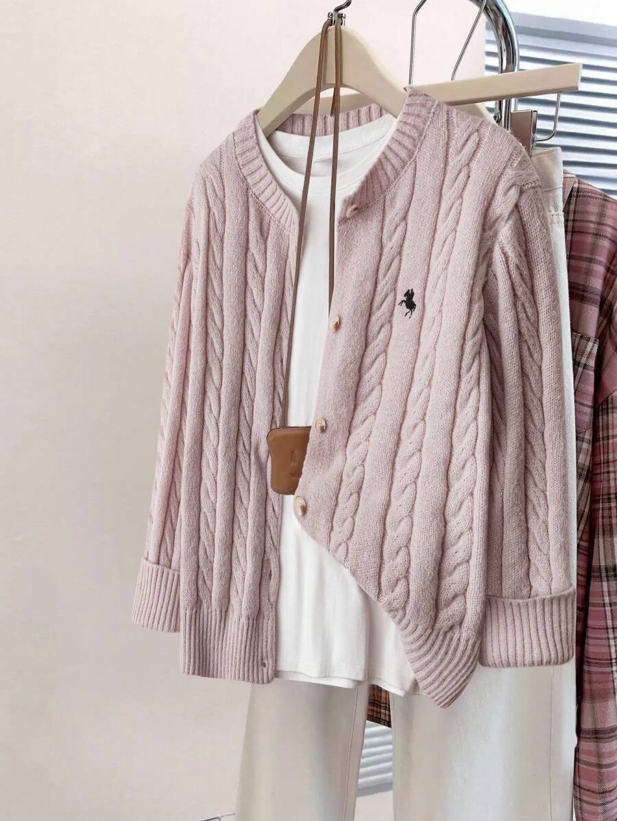 GlowEve CURVE 1 件女士加大码纯色刺绣图案落肩长袖麻花针织优雅开衫