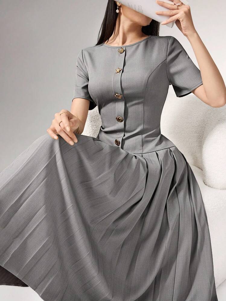 light grey pleated dress Heiryn Elegant Commuter Asymmetric For Women,Button Summer Outfits,Back To School, Clothes,Gray,Elegant,Tea Party Office Teachers' Day neckline_square-neck