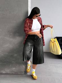 SHEIN ICON 复古水洗宽松七分牛仔裤