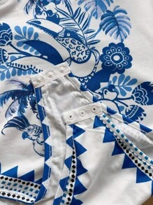 Soleia 女士新款假日系列针织吊带蝴蝶结连体衣，花鸟印花，蓝白配色，适合邮轮、嘉年华等场合，可内搭或外穿。