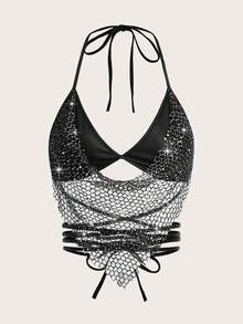 SHEIN ICON Sexy Sequin Mesh Cross Back Halter Crop Y2K Glitter Black Sexy Top Party Club Night Out Summer - Black - View 3