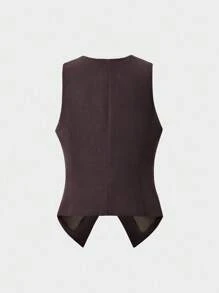 SHEIN Unity 女士秋冬季常规款收腰无袖V领修身短款通勤背心 - 棕色 - 查看 2