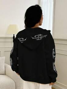 INAWLY Y2K Graphic Hotfix Rhinestones Diamond Sweatshirt, Casual Long Sleeve Hoodie With Zipper And Pocket - Black - View 2