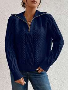 SHEIN LUNE 休闲时尚百搭纯色长袖套头衫女式毛衣 - 寶藍色 - 查看 3