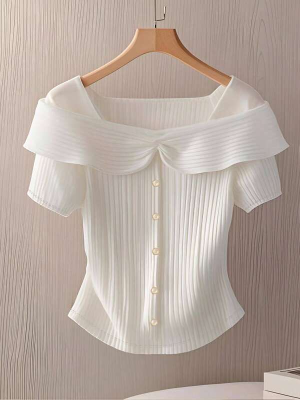 SHEIN Plus Size Women's Elegant Ruffle Button Front Fitted Short Sleeve T-Shirt