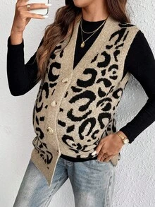 SHEIN 秋装，秋季服装，孕妇装秋季服装孕妇装女士单排扣 V 领豹纹针织背心，秋冬，无袖针织保暖针织上衣，撞色饰边，休闲日常穿着 - 彩色 - 查看 8