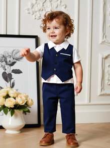 Souflis Souflis 男婴经典颜色开衫背心上衣和配套裤子套装，简约风格，无图形设计，适合休闲外出、舒适家居服和轻松聚会，春秋季 - 寶藍色 - 查看 5