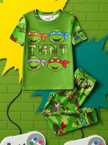 TEENAGE MUTANT NINJA TURTLES | SHEIN Young Boy Cartoon Turtle Print Cute Casual Short Sleeve T-Shirt And Camo Pants Pajama Set
