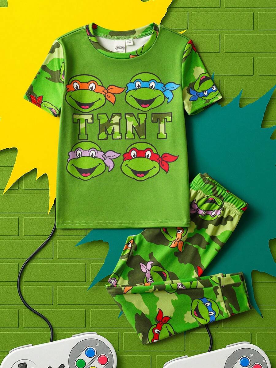 TEENAGE MUTANT NINJA TURTLES | SHEIN Young Boy Cartoon Turtle Print Cute Casual Short Sleeve T-Shirt And Camo Pants Pajama Set