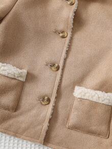 Cozy Pixies Baby Girl Suede Thermal Lined Contrast Color Long Sleeve Hooded Cardigan, Casual & Versatile In Fall/Winter