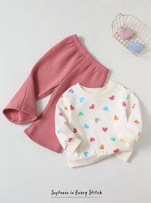 Cozy Pixies 女婴爱心图案针织柔软圆领长袖套头卫衣和纯色喇叭裤两件套，女婴裤子和上衣两件套，女婴冬季保暖套装，女婴冬季服装，女婴套装，女婴爱心套装，秋季 - 紫色 - 查看 4