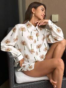 DAZY 女士印花宽松翻领沙滩度假休闲衬衫，秋季长袖上衣 - 棕色 - 查看 3