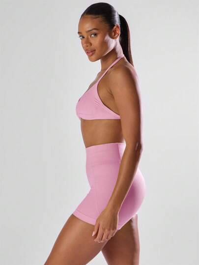 Ra Sport Solid Ruched Bust Open Back Halter Sports Bra, Active Comfy Workout Gym Running Run Clubpadel, Tennis, Pickleball Fitness view 4