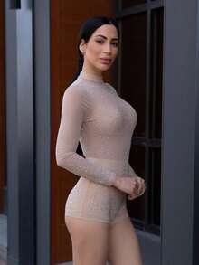 Carolina Barros Mock Neck Rhinestone Sheer Long Sleeve Unitard Romper, Khaki Elegant Rhinestone Sheer For Party And Occasion - Khaki - View 7