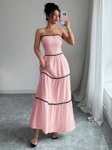 Elenzga 女式夏季新款撞色饰边系带无袖休闲连衣裙 - 粉色 - 查看 5