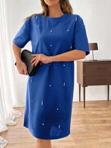 Women Rhinestone Embroidery Detailed Mini Sweat Dress - Blue - View 6