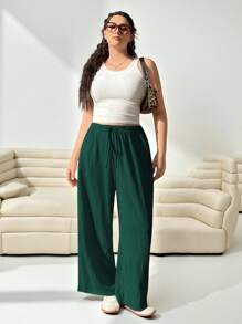 SHEIN EZwear Women Plus Size Loose Fit Woven Olive Green Long Pants