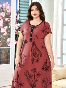 SHEIN Lacomfia 夏季大码休闲花卉印花连衣裙 - 紅色 - 查看 4