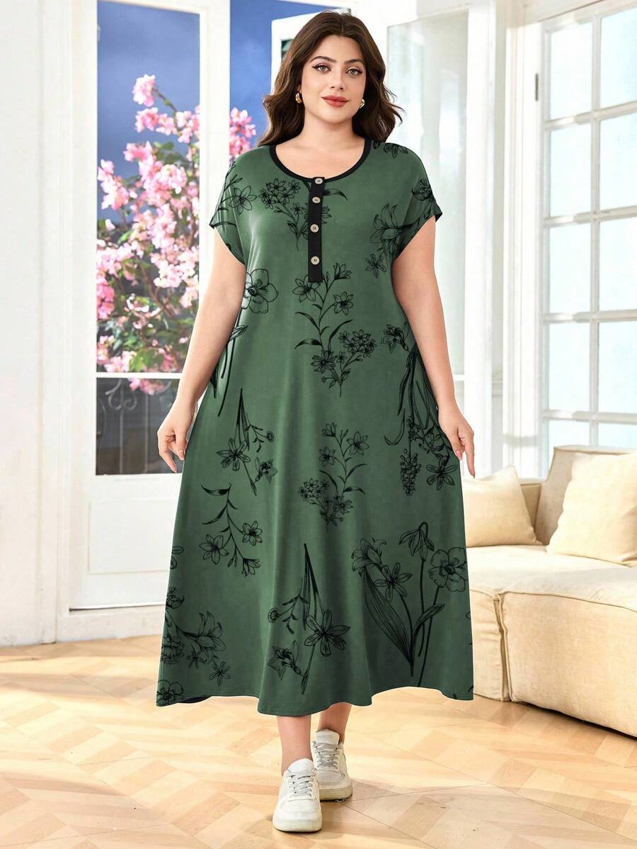 SHEIN Lacomfia Plus Size Summer Casual Floral Print Dress - Green - View 1