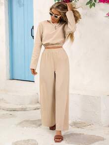 Brillora Autumn And Winter Outdoor Holiday Date Outfits, Autumn And Winter Outdoor Vacation Crew-Neck Long-Sleeved Shirts And Loose Wide-Leg Pants With High Slit Pants For Women, Summer Beach Outfits For Holidays, School Uniforms, Very Simple Outfits, Women's Country Outfits, Office Wear, Old Money Wear, Teacher Wear, Date Wear, Graduation Season, Women's Suits - Apricot - View 8