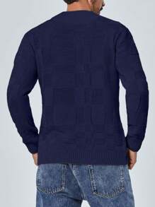 SHEIN Cottnline Men's Round Neck Long Sleeve Sweater - Navy Blue - View 2