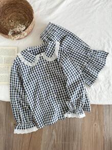 两件套少女经典格子休闲衬衫裤套装，舒适居家服，适合家庭聚会和拍照 - 藍白色 - 查看 1