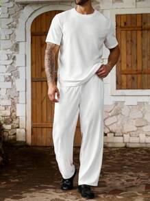 Manfinity Homme Áo thun tay ngắn cổ tròn màu trơn cỡ lớn cho nam và quần short cạp rút dây, bộ đồ thường ngày, mùa hè - trắng - Xem 1