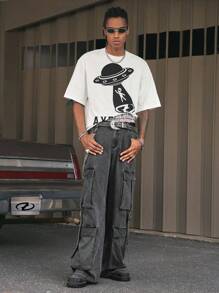 AXEPEAK 男士休闲街头水洗多口袋宽松牛仔工装裤 - 深灰色 - 查看 6