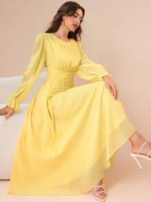 Modelyn 奶油黄色圆领腰部褶饰设计喇叭长袖连衣裙 - 黃色 - 查看 4