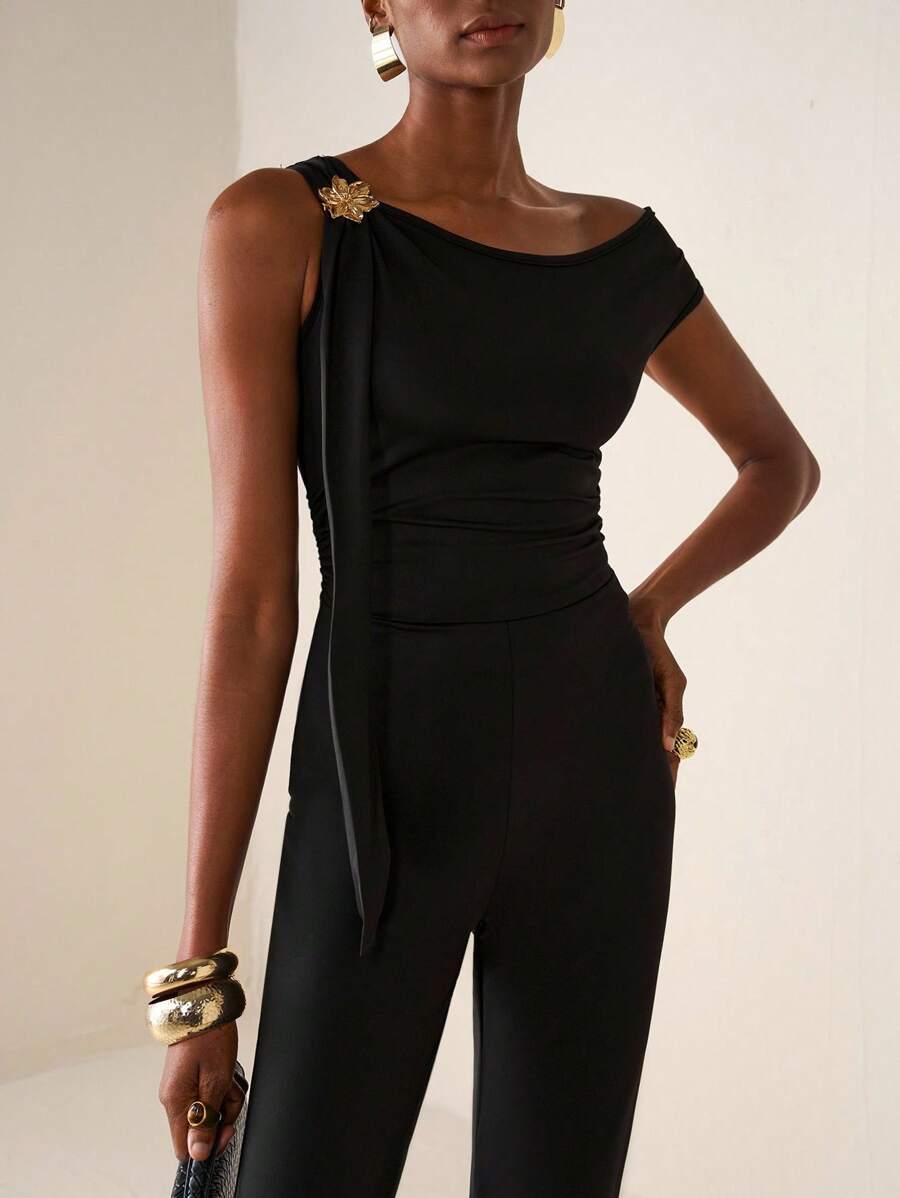 Zivah Women's Elegant Summer Black Knitted Tight Jumpsuit,One Shoulder Flower Metal Decoration Waist Gathered Long Pile Pants For Party Night Banquet Date - Black - View 1