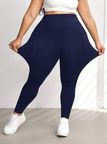 SHEIN CURVE+ Plus Size Side Pocket Sports Yoga Elastic Slim Leggings, Breathable Fabric, Summer Casual Long Plain Leggings For Women