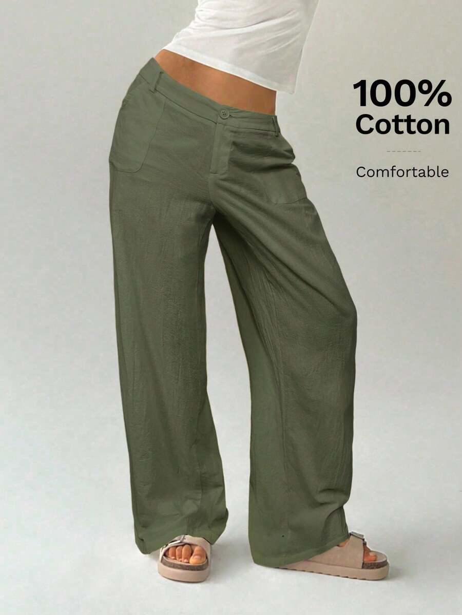 SHEIN EZwear 秋冬大码纯色休闲纽扣口袋西装裤 - 軍綠色 - 查看 1