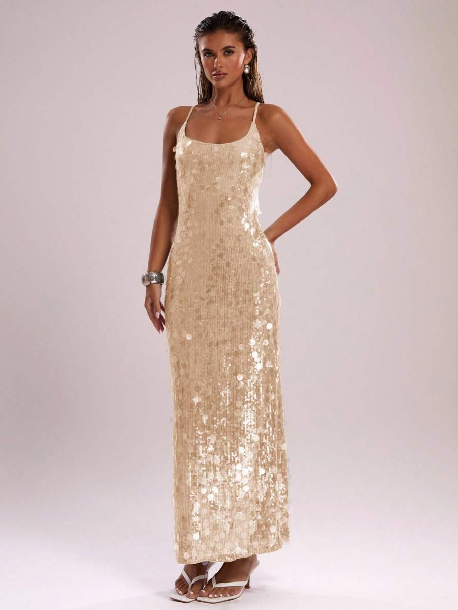 SHEIN BAE Mùa hè gợi cảm tuyệt đẹp màu xanh bạc hà sequins Boho bãi biển trang phục đi nghỉ hòa nhạc cho phụ nữ váy cổ yếm mùa hè, trang phục mùa hè cho phụ nữ, trang phục câu lạc bộ phụ nữ gợi cảm, váy đi nghỉ lấp lánh, váy dự tiệc - Màu be - Xem 1