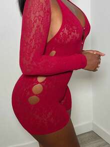 Alexandranx 女士性感提花镂空连体衣新年俱乐部节日派对服装女士 - 酒紅色 - 查看 4