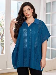 Lacomfia Embroidered Hollow Out Fashionable Loose Comfortable Turndown Collar Batwing Sleeve Versatile Blue Plus Size Shirt - Blue - View 6