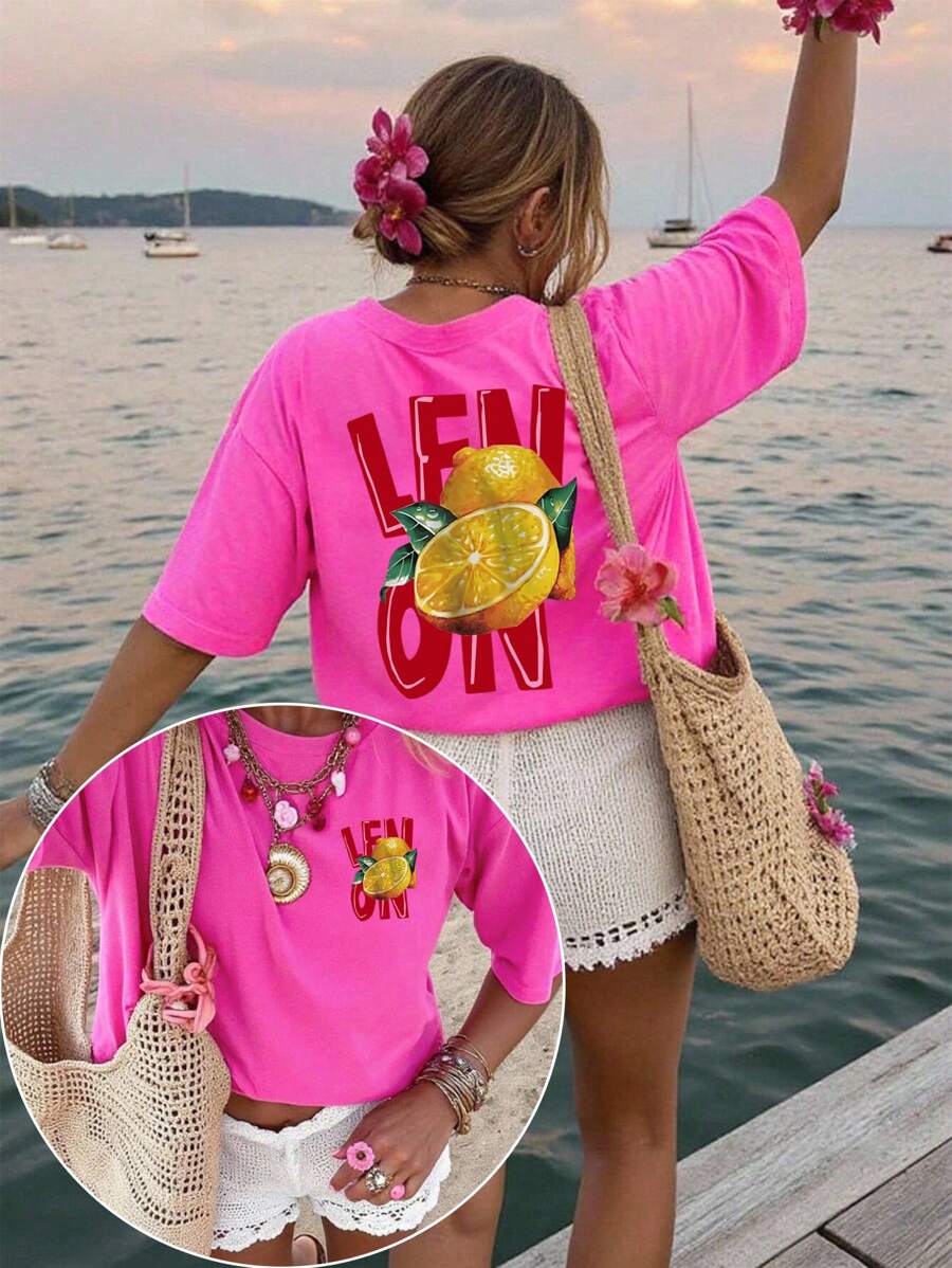 DrmWander 大码女式休闲柠檬水果印花圆领短袖T恤，夏季海滩风