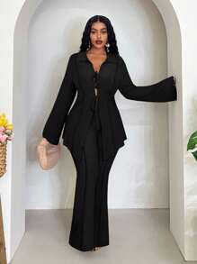 Veslaya 2 piezas Conjunto de mujer talla grande 2025 Primavera/Verano Casual/Playa/Viaje por carretera/Escapada urbana Cardigan con lazo en el cuello en color caqui sólido y pantalón ancho de pierna larga con cintura elástica Conjunto de 2 piezas talla grande - Negro - Ver 3