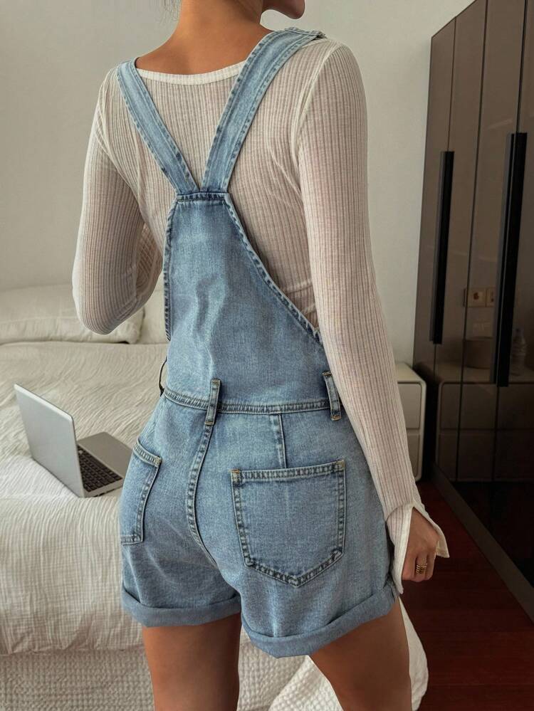 Women's Casual Distressed Washed Denim Bib Overalls, Autumn