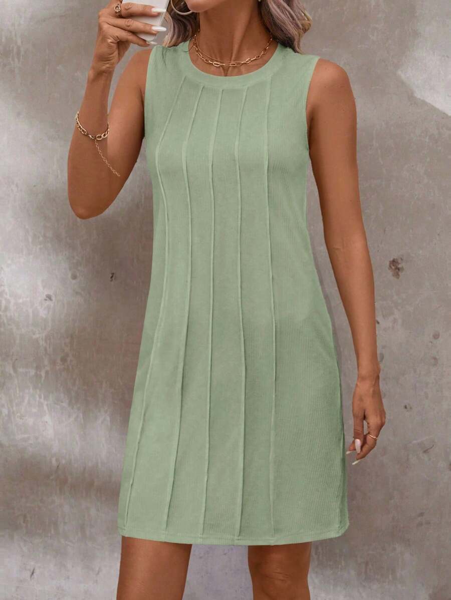 SHEIN LUNE 女式休闲针织圆领无袖迷你连衣裙，春夏 - 綠色 - 查看 1
