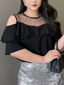 Dazy Plus 大码夏季优雅网眼拼布荷叶边露肩衬衫 - 黑色 - 查看 7