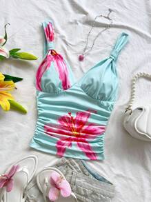 Soleia 女士度假花卉印花扭纹前背心，浪漫日常/休闲装，适合约会、海滩、音乐节 - 彩色 - 查看 3