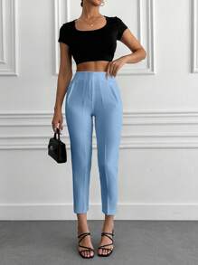 EURMUSE Frenchy Solid Colored Pleated Tapered Pants ,Petite Women - Blue - View 3